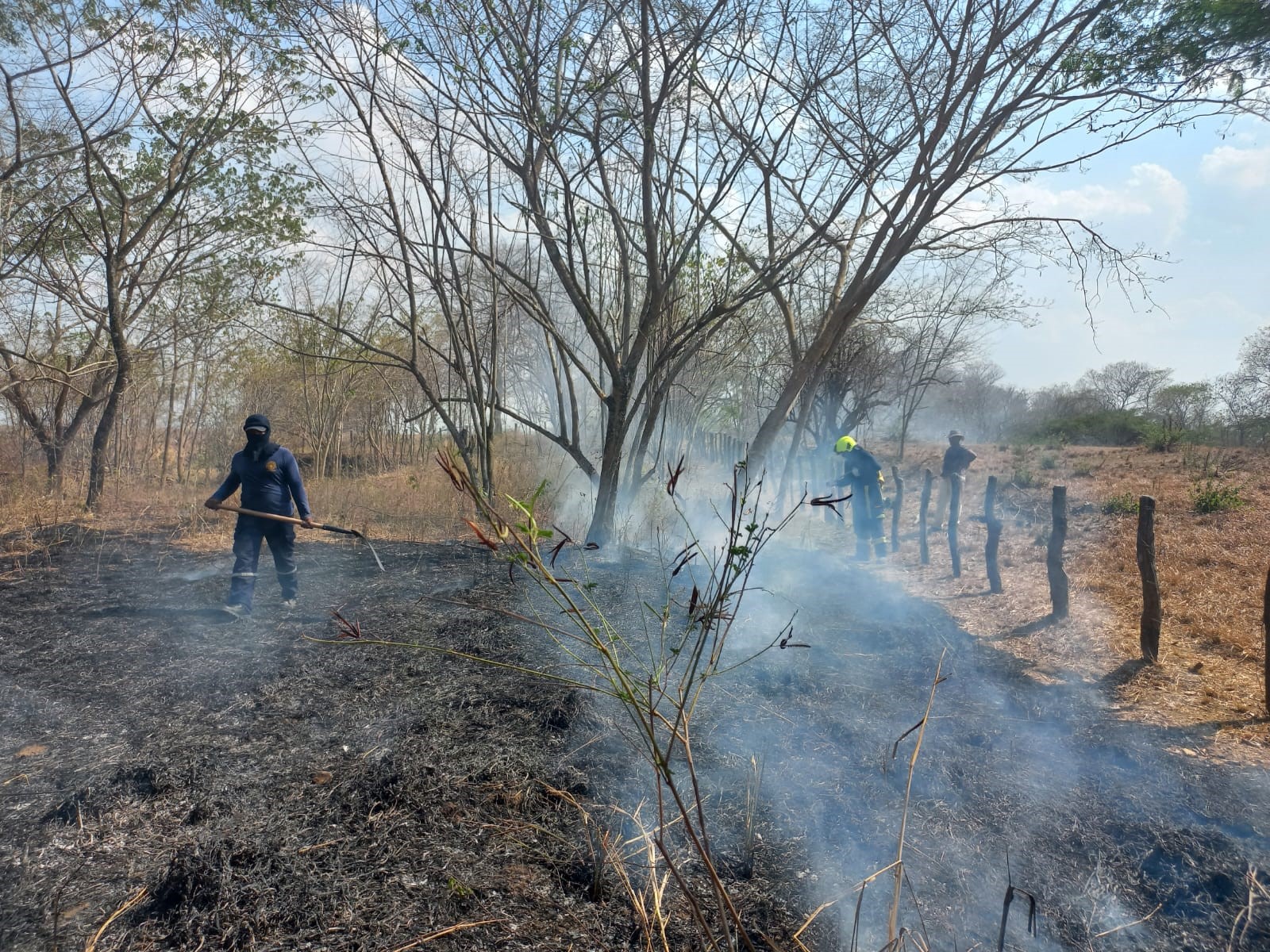 Panoramica incendio con peronal apagandolo
