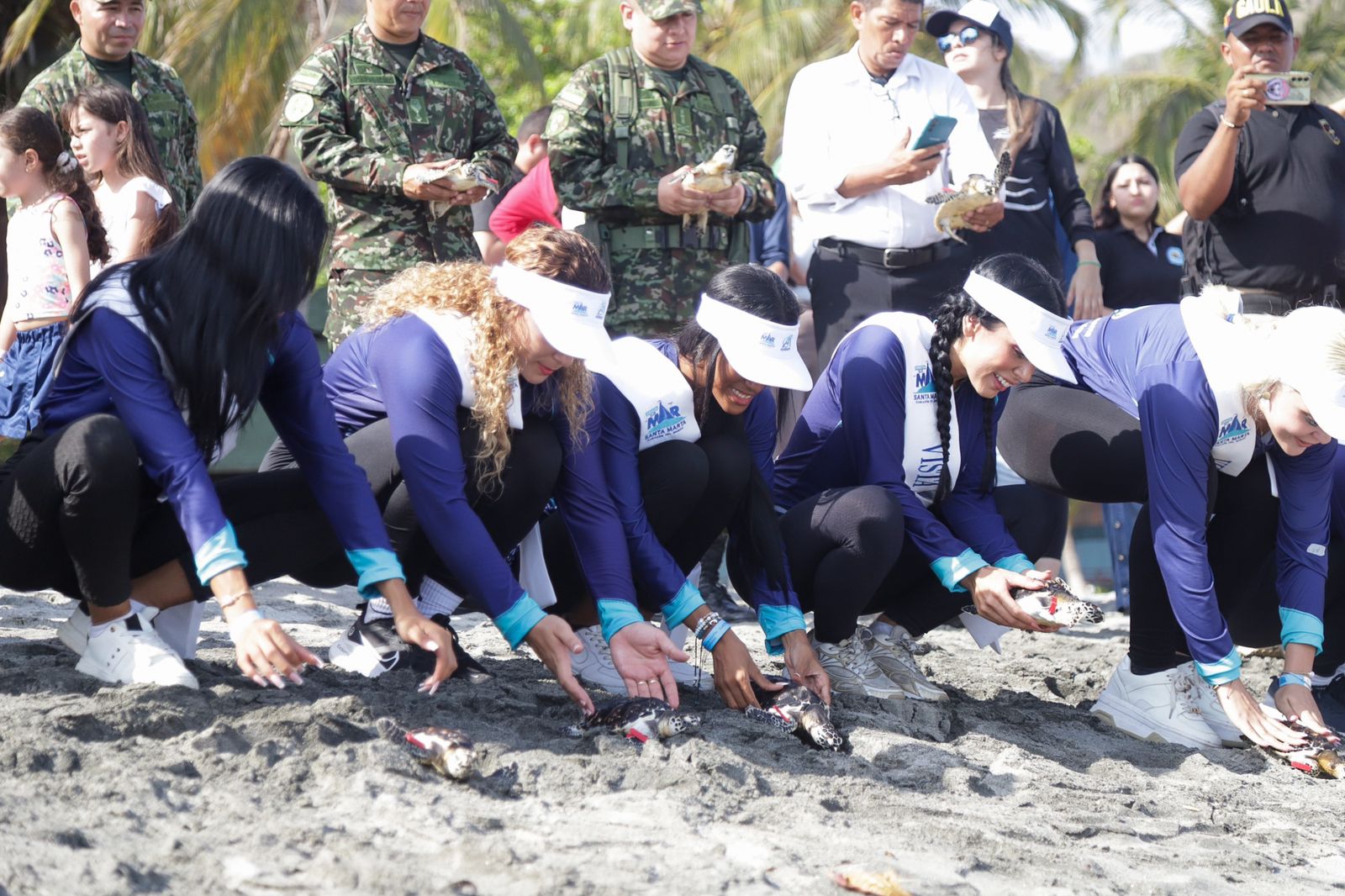 Candidatas con tortugas en la arena