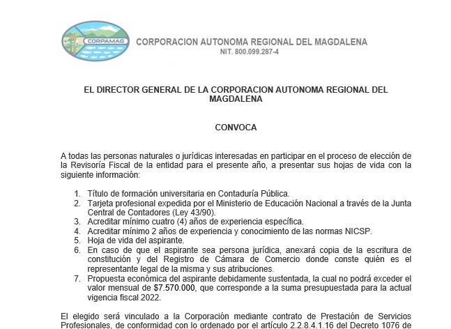 Convocatoria para elección de Revisor Fiscal de Corpamag