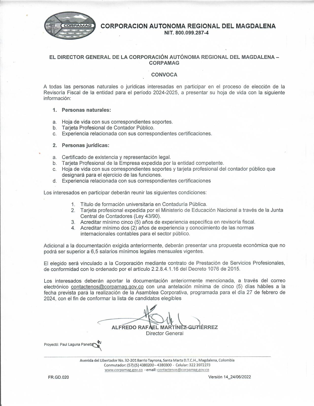 Convocatoria para elección de Revisor Fiscal de Corpamag 2024