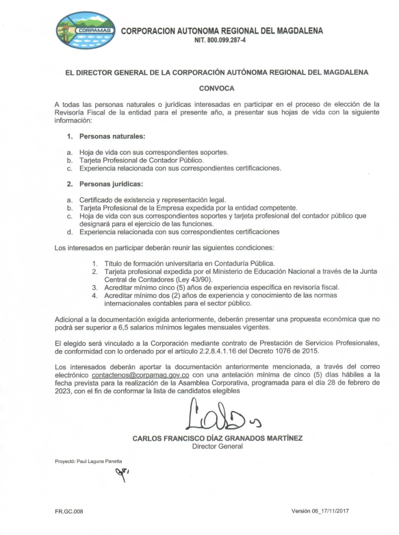 Convocatoria para elección de Revisor Fiscal de Corpamag 2023