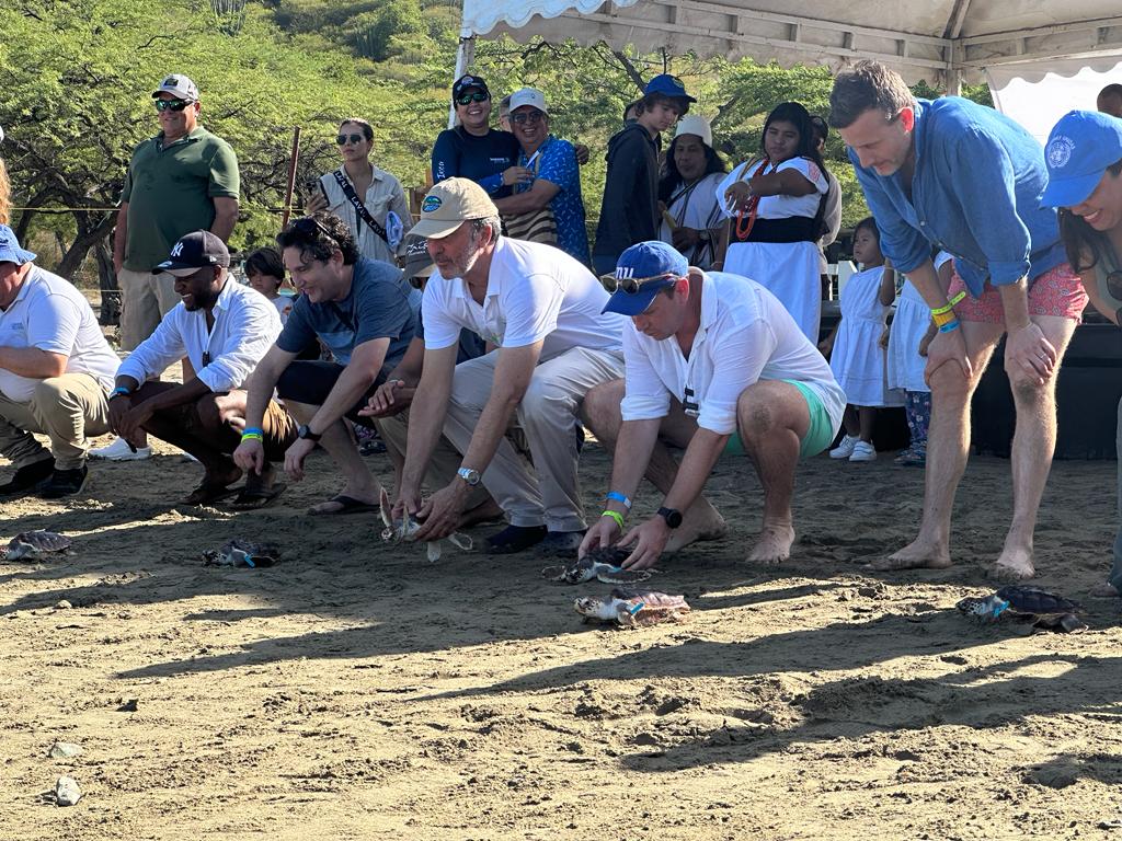 Grupo de personas liberando tortugas, embajador y director